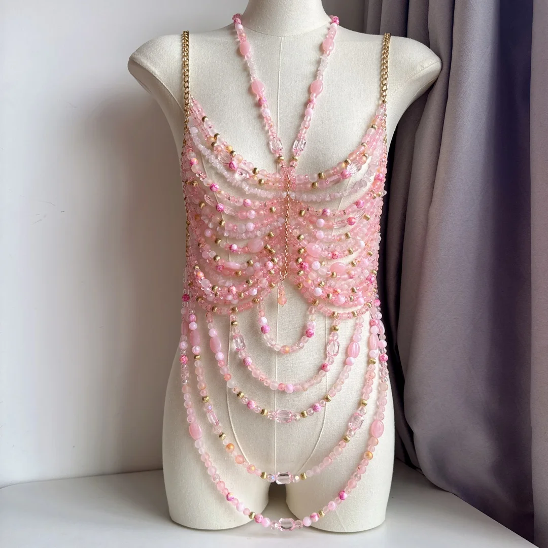 Beachwear Lingerie Harness Pink Gemstone Beaded Camisole Vest Top Natural Crystal Bustier Bra Women Body Beachwear Club Rave