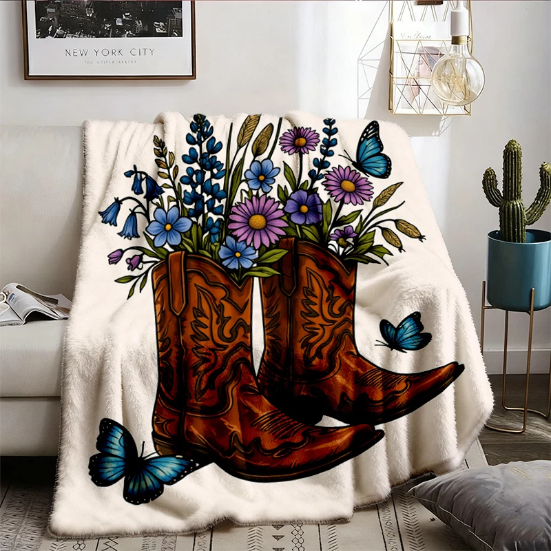 Cowgirl Boots Wildflower Soft Blanket, Texas Bluebonnet Comfy Blanket, Vintage Western Floral Country Flannel Blanket