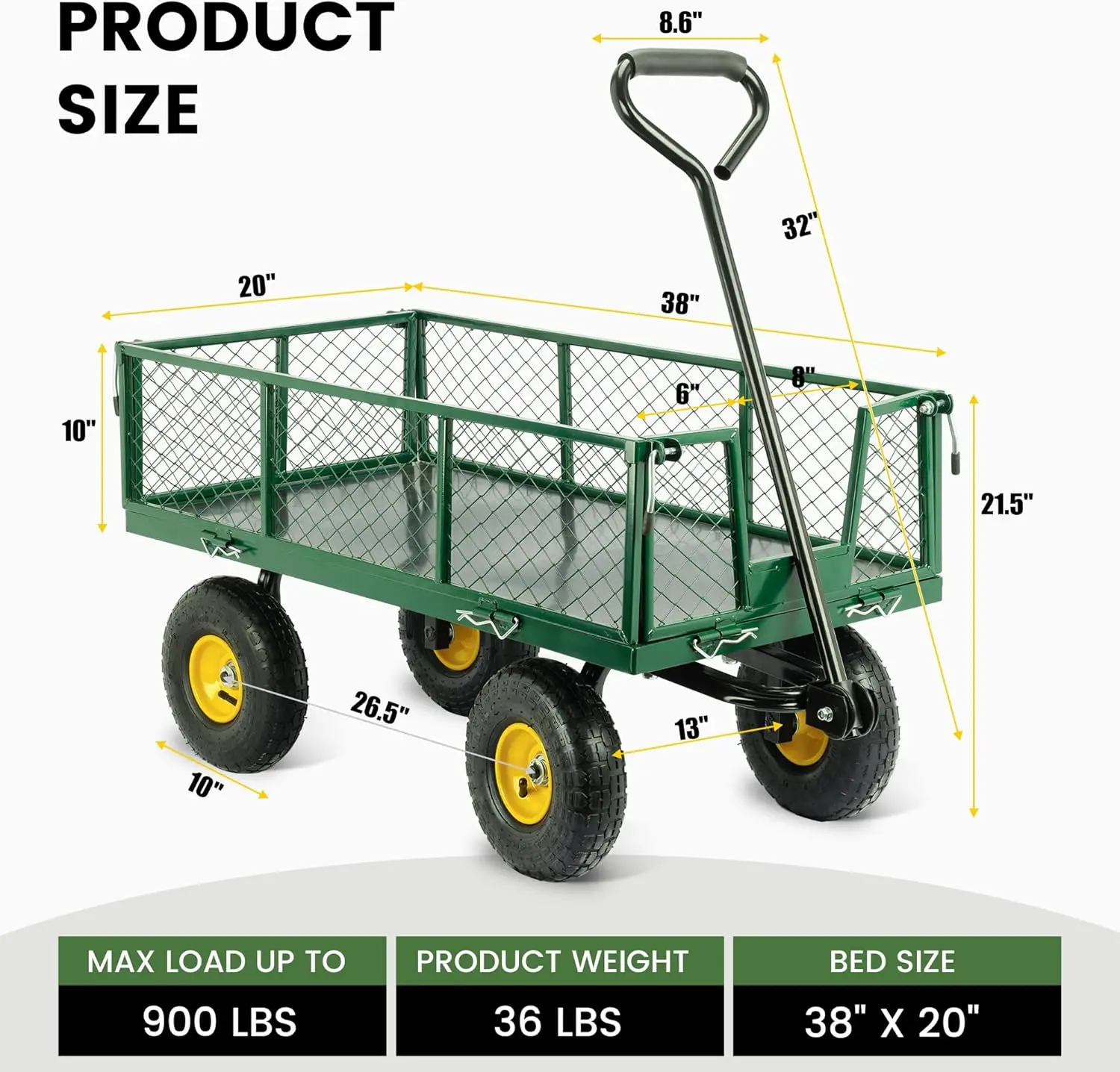 Capacity Garden Cart, Steel Garden Wagon Cart Heavy Duty with Removable Sides, Flexible Handle Yard Wagon, Green