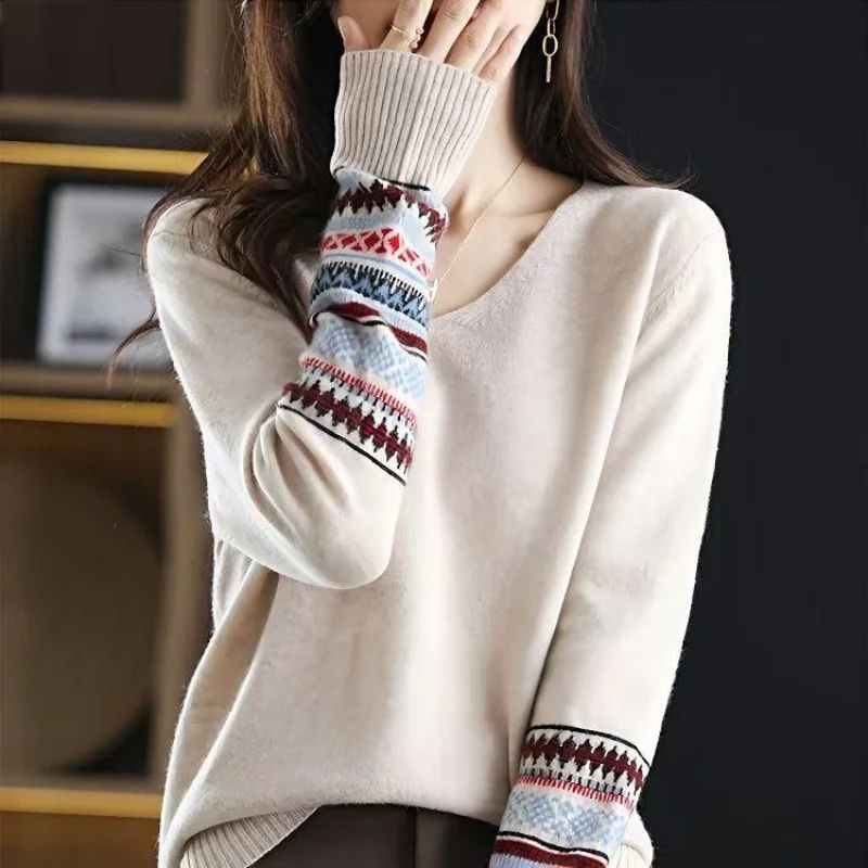 Autumn Winter New V-neck Long Sleeve Patchwork Sweaters Women's Clothing Casual Loose All-match Knit Pullovers Lady Elegant Tops
