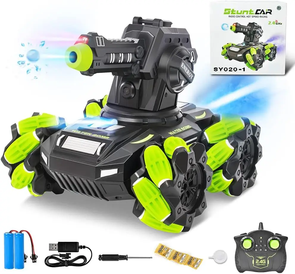 Remote Control Cars, RC Car, 4WD 8km/h 2.4GHz RC Tank with 180° Rotate Water Bomb (1500pcs) Shooting & Spray & LED Lights