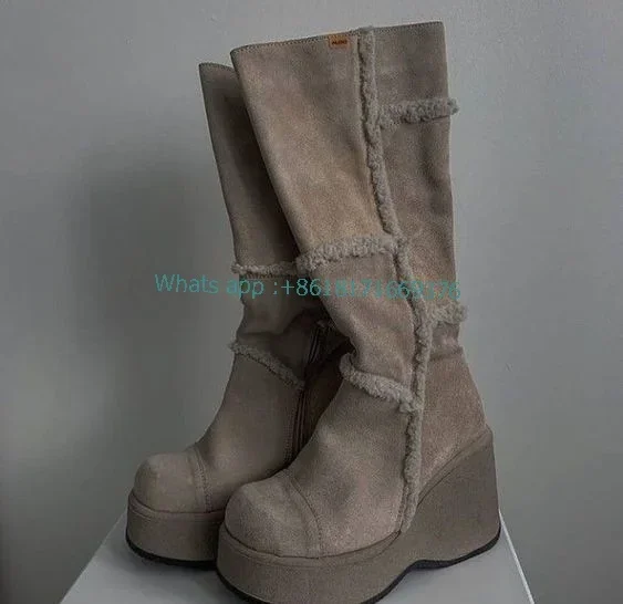 Vintage Rock Round Toe Platform Knee High Women Boots Wedges High Heels Side Zipper Design Large Size Fashion Shoes