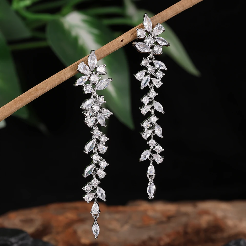 ZAKOL AAA Cubic Zirconia Leaf Long Dangle Earrings dla kobiet Eleganckie ślubne zaręczynowe akcesoria do uszu