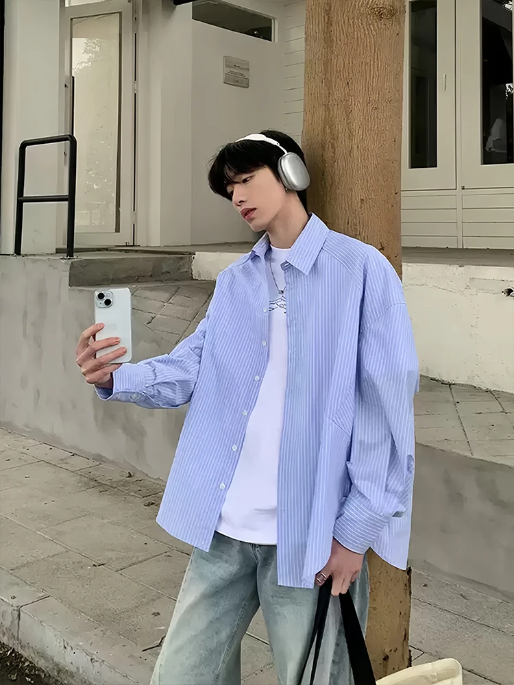 

Мужская рубашка с длинным рукавом в синюю полоску, свободного кроя, весна-осень, в корейском стиле, верхняя одежда, кардиган, куртка в стиле Lazy Sle, свободный крой, молодежная модель.