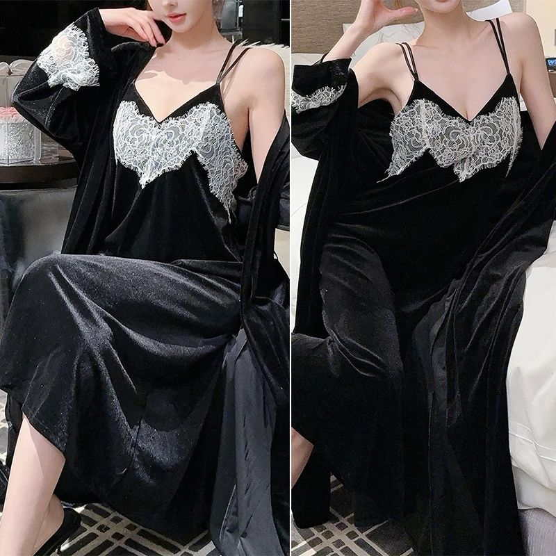

Черное платье-халат, теплая бархатная одежда для сна, женская сексуальная домашняя одежда на тонких бретельках, кимоно с длинными рукавами, пижамы, велюровое интимное белье