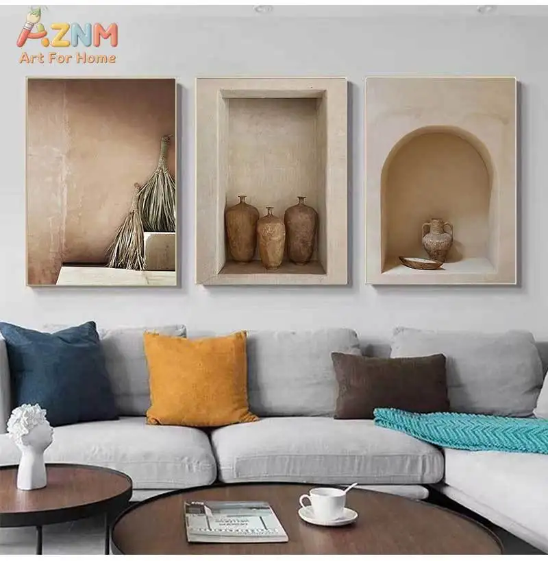 AZNM Wabi Sabi Beige Terracotta Pottery Olive Leaf Canvas Wall Art, Minimalist Rustic Arch Space Unframed Print For Cozy Home Li