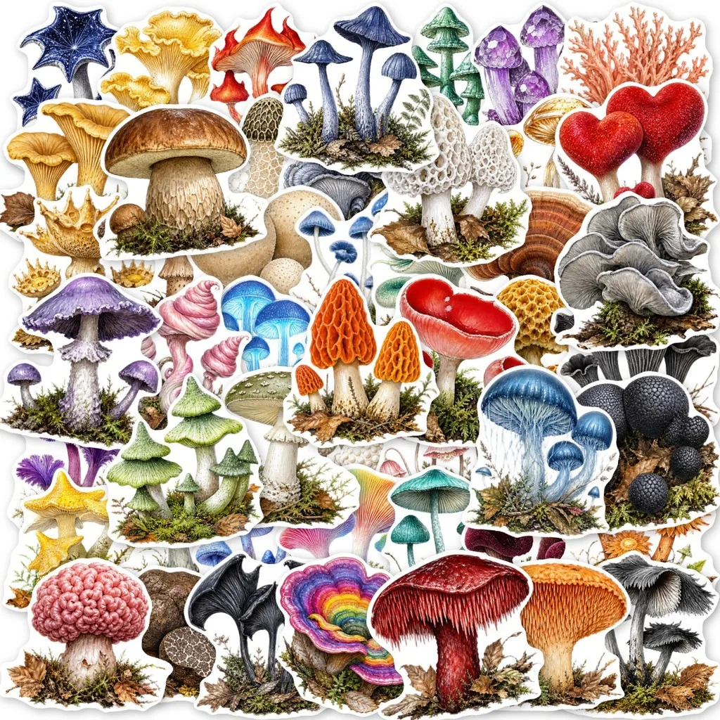 50Pcs Colorful Mushroom Plant Stickers Nature‑themed Fungi Pattern Decal for Notebook Skateboard Fridge DIY Aesthetic Decoration