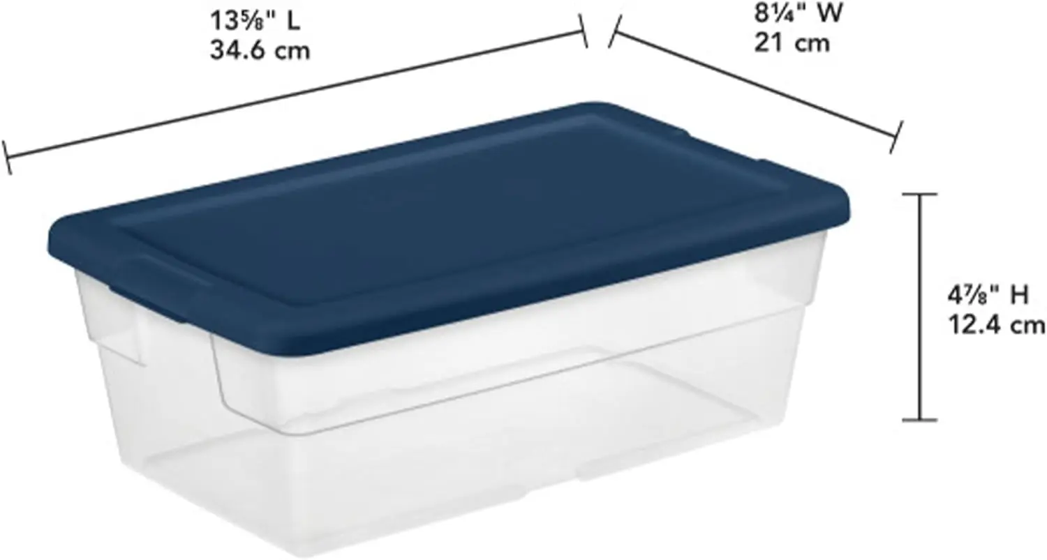 Stackable 6 Qt Storage Box Container, Clear, Marine Blue Lid (60 Pack)