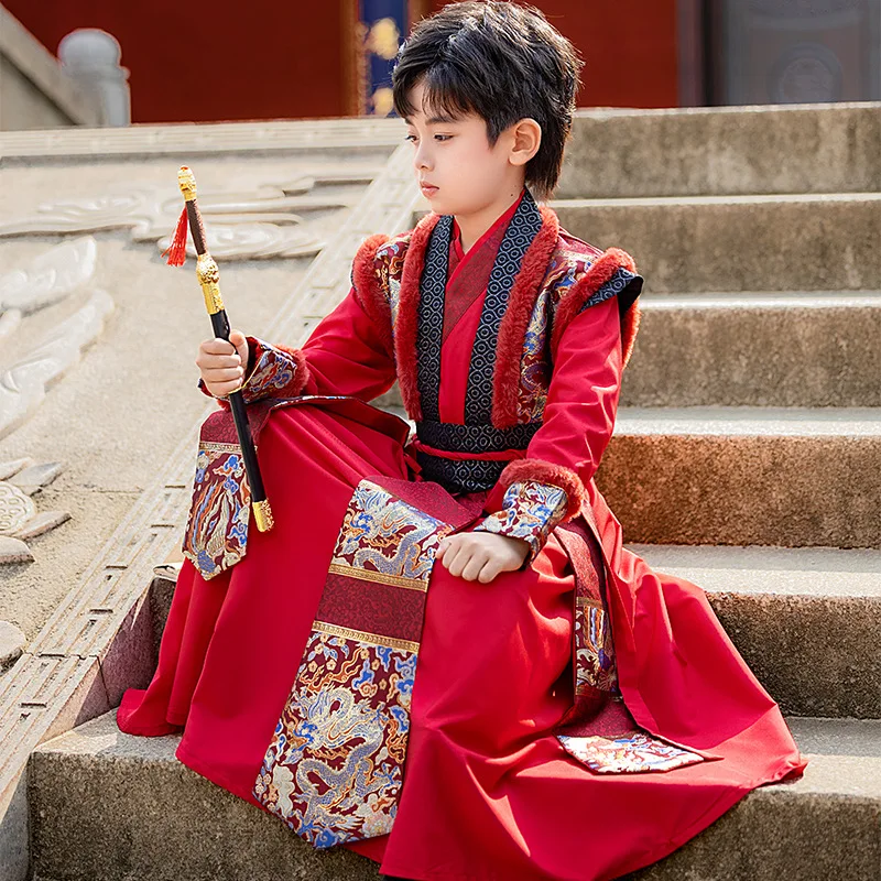 Boys' Hanfu 2024 Winter New Ming Dynasty Tang Costume ThickNational Style New Year Culture Performance Dress