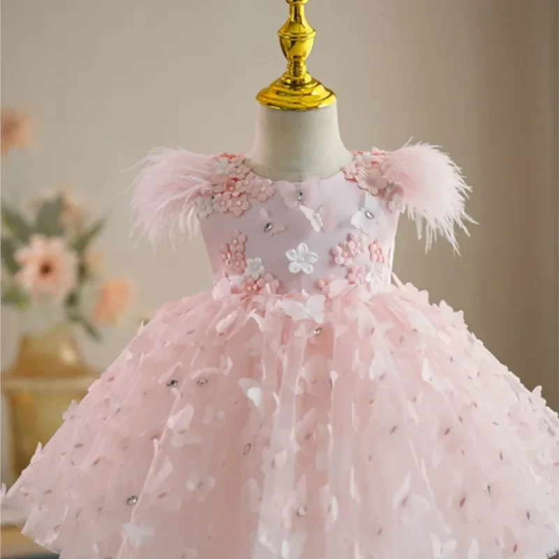 

Baby Girl Princess Butterfly Dress Feather Fly Sleeve Infant Toddler Flower Beading Vestido Party Birthday Baby Clothes 1-12Y