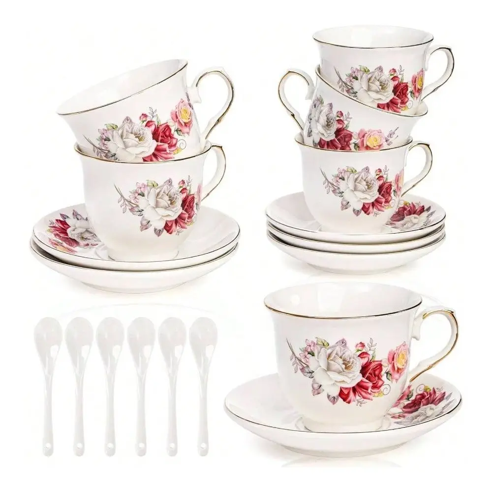 

Cups And Saucers Set Of 6, 8 Oz Porcelain Floral Tea Cups With Gold Trim Spoon, Bone China Coffee Cup Saucer Set Cappuccino, Es