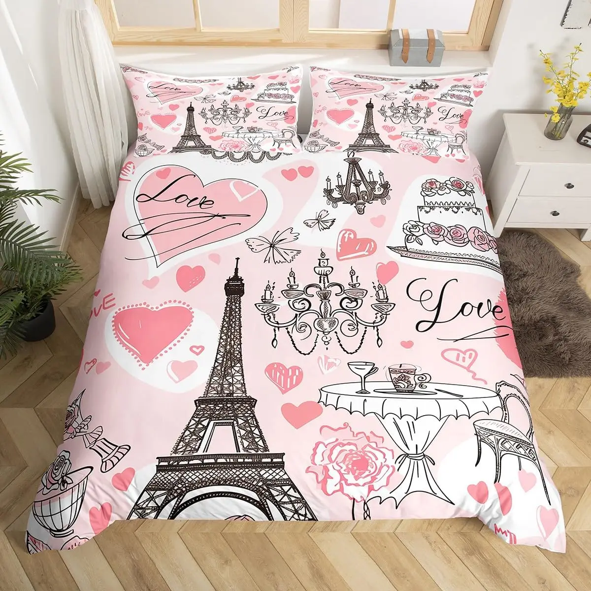 Eiffel Tower Duvet Cover Paris Landmark French Bedding Set for Teen Adult Valentine's Day Gift Romantic Love Print Quilt Cover