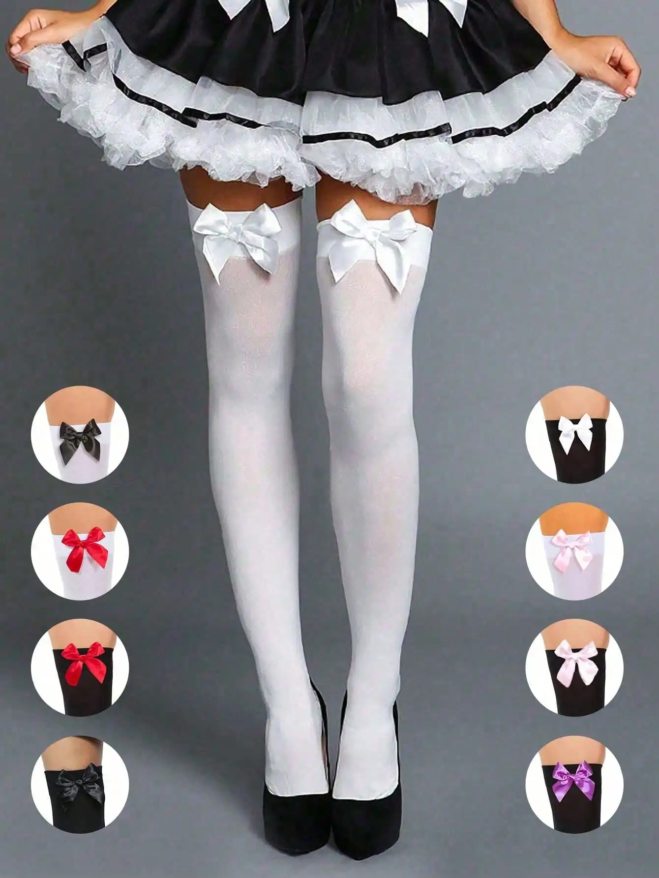 

1 Pair Bow-Decorated Thigh High Stockings in Solid Colors for Parties & Cosplay