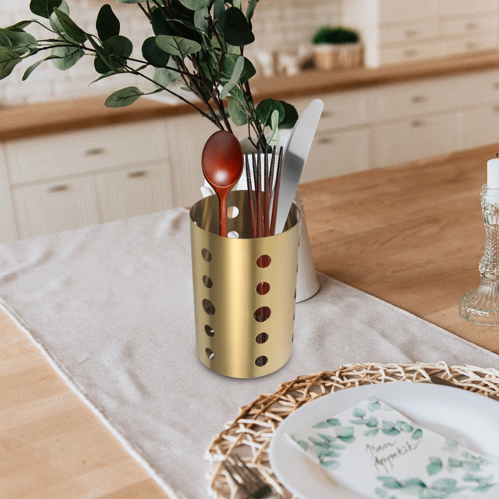 

2pcs StainlessSteelChopstickContainer GoldenCutleryHolder KitchenUtensilRack AntiRust Storage Organizer FlatwareCage