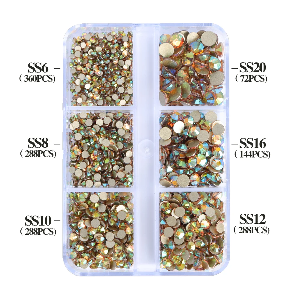 1440Pcs Mix Size SS6-SS20 Box-Packed Glass Gold Flatback Rhinestone 6-Grid Sparkling Crystal Stone Water Diamond Nail Decoration