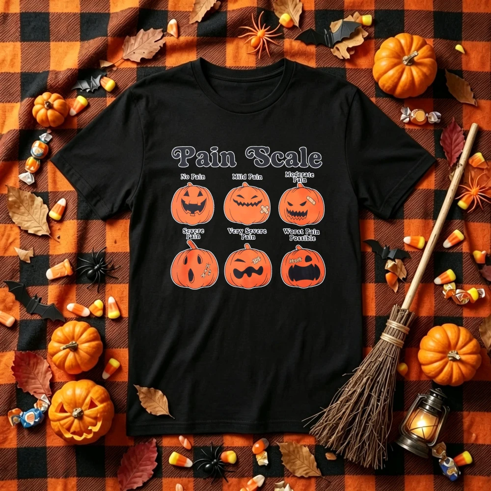 Halloween Pain Scale Pumpkin Graphic T‑Shirt Funny Jack‑O‑Lantern Pain Rating Chart Humorous Spooky Fall Print Tees Casual Tops