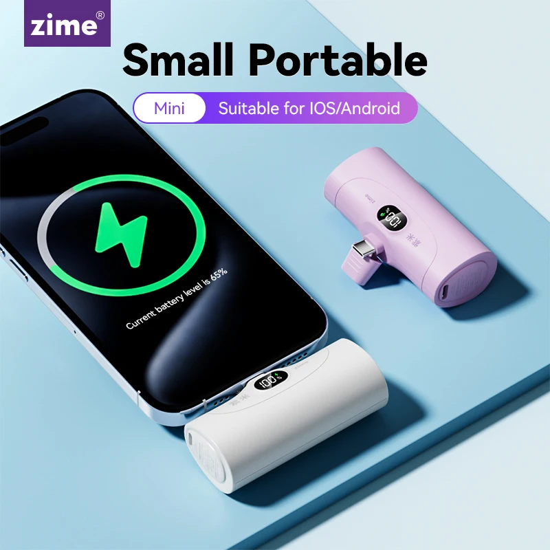 zime Mini 5000mAh Power Bank Built Cable Portable Mobile Phone Charger External Battery Capsule Powerbank For iPhone