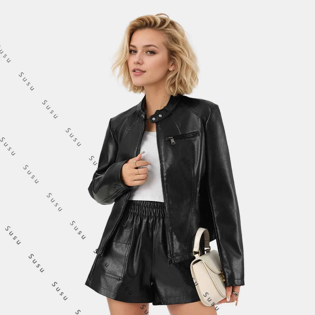 

2025 New Autumn Women's Fashion Versatile Washed Leather Slim Commuter European Standard PU Yama Leather Jacket Customization