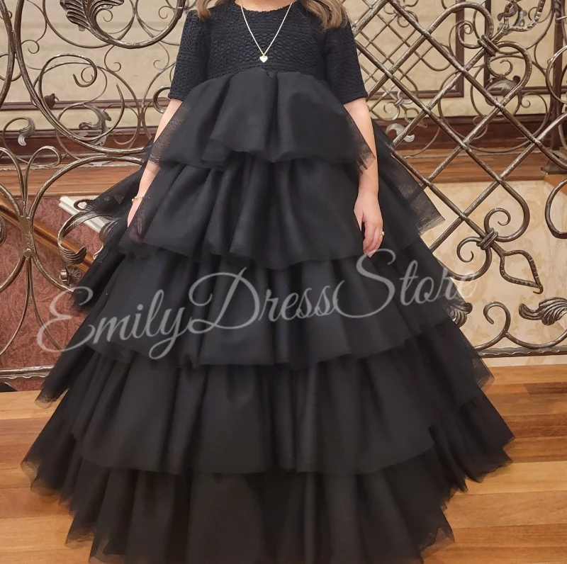 Black Layered Flower Girl Dress for Wedding High Waist Lace Tulle Half Sleeve Kids Teen Birthday Stunning Custom Ball Gowns