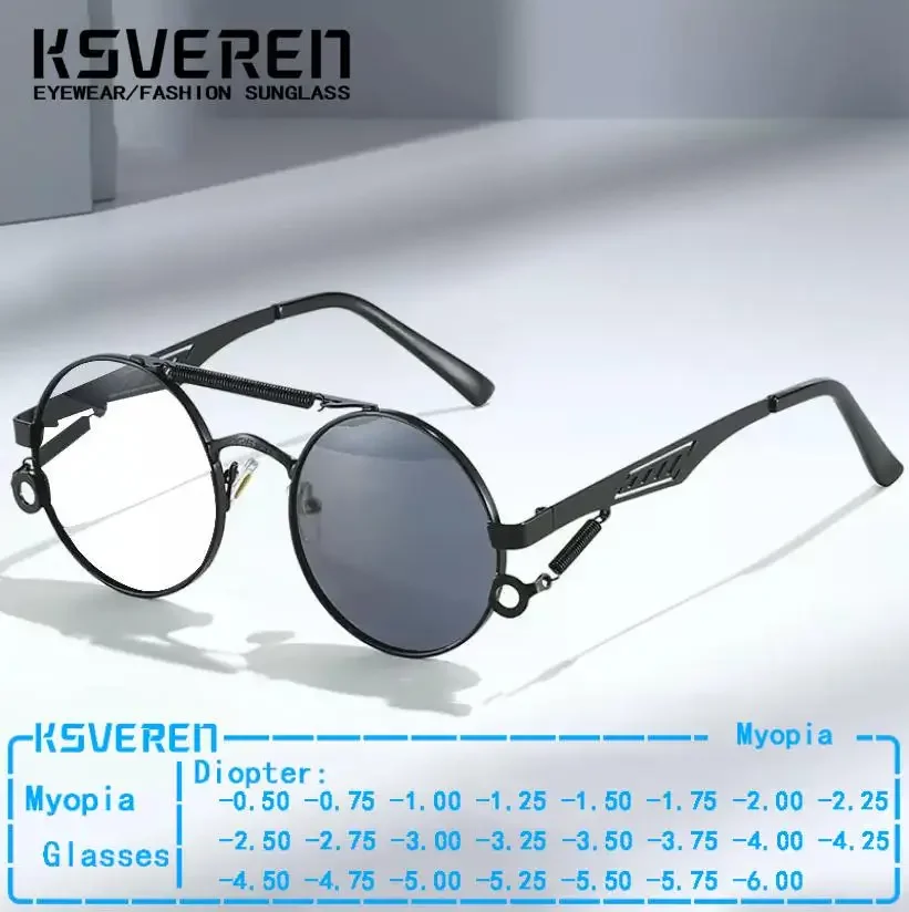 Vintage Metal Steampunk Round Photochromic Myopia Glasses Men Women Finished Prescription Nearsighted Color Changing Sunglasses