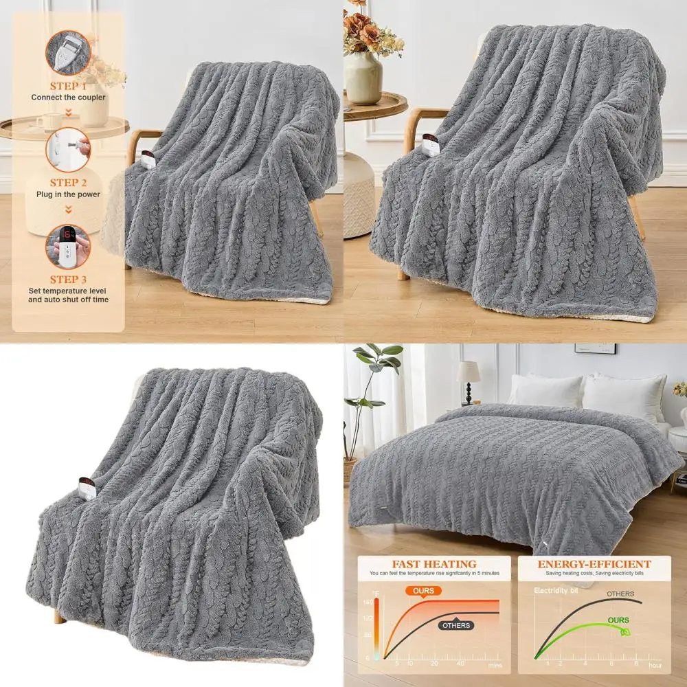 

Twin Size Electric Heated Blanket - 62x84 Jacquard Shaggy Sherpa, 6 Heat Levels, 10-Hour Auto Shut-Off, Overheat Protection, Lig