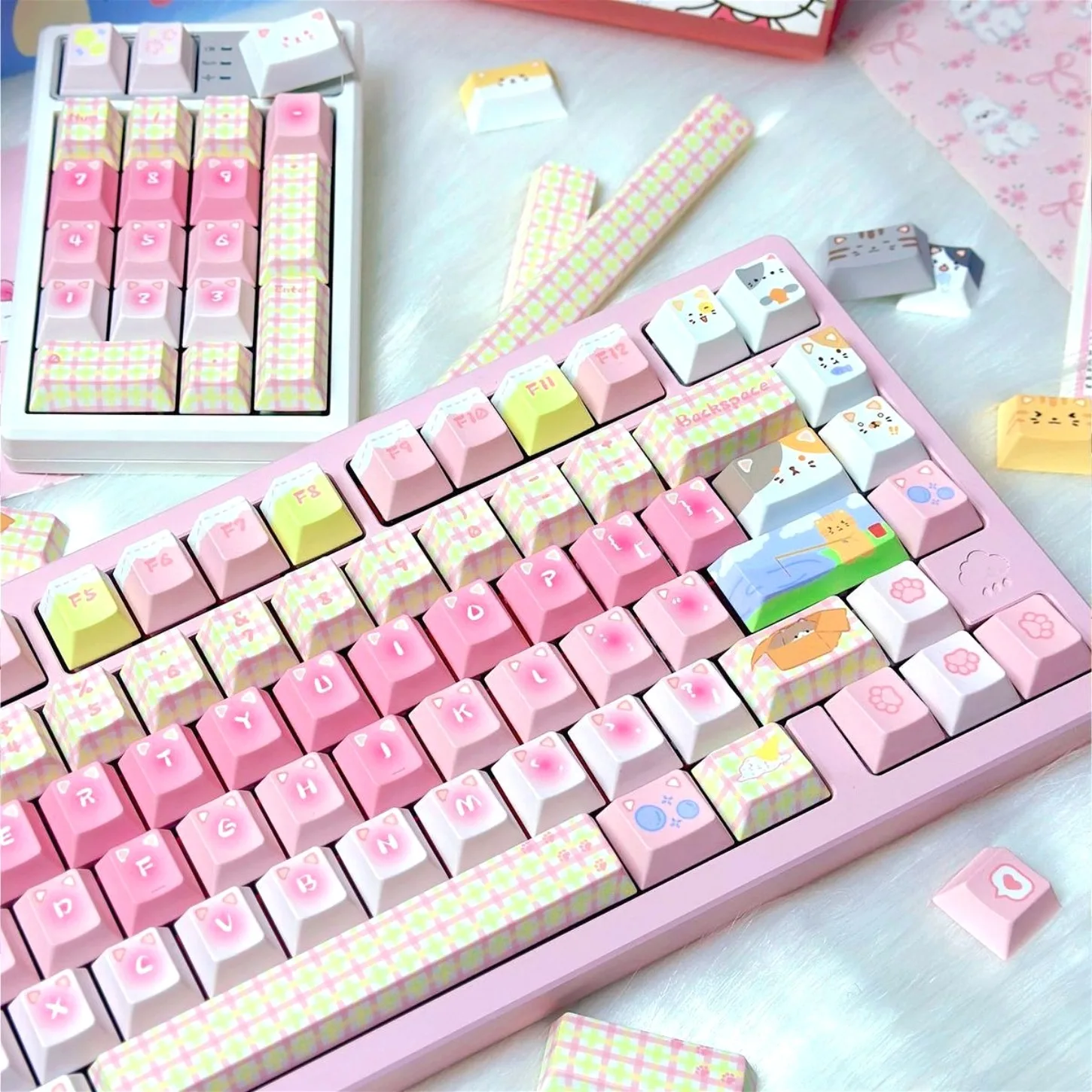 Cute Pink Cat Keycaps 143 Keys Cherry Profile PBT Keycap Set for 60%-108% Mechanical Keyboards