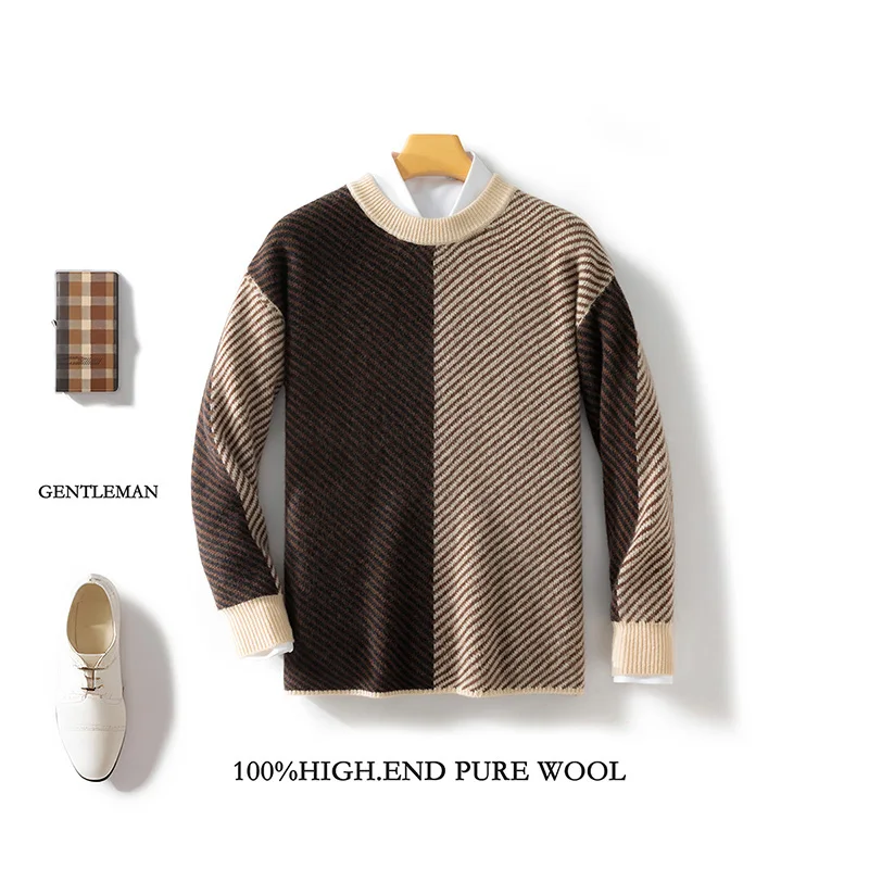 

Men's 100% Merino Wool Fashion O-Neck Color-Blocking Sweater Long Sleeves Pullover Cashmere Casual Comfortable Warm Clothing Top