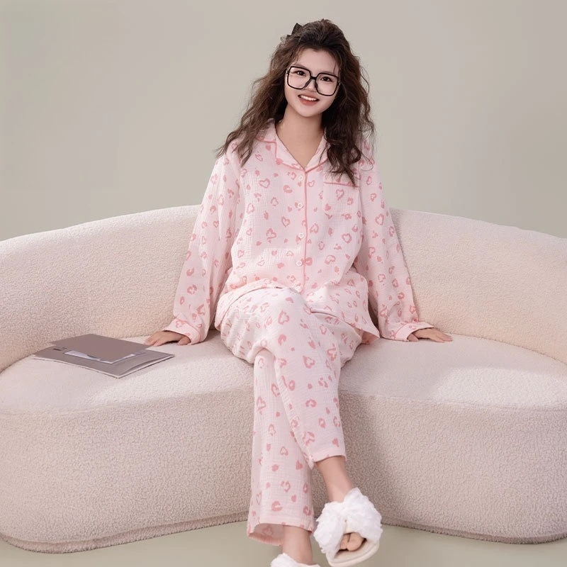 

Комплект из 2 предметов: женский пижамный комплект с длинным рукавом и отложным воротником, с принтом в виде сердец, розовый, из хлопка, для дома и сна, повседневный комплект для отдыха