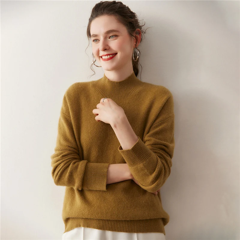 Casual Loose Mock Neck 100% Cashmere Knitted Fashion Soft Minimalist Hem Design Women's Pullovers Thick Gentle Sweater