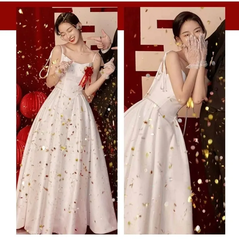 

Satin Light Wedding Dress 2025 New Fashion Suspender Sleeveless Simple A-line Skirt Formal Dress Women Elegant Evening Dresses