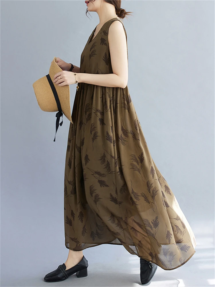 Sleeveless Cotton Print Vintage Dresses For Women 2025 Summer Casual Long Holiday Beach Dress Femme Robe Vestido Elegant Clothes
