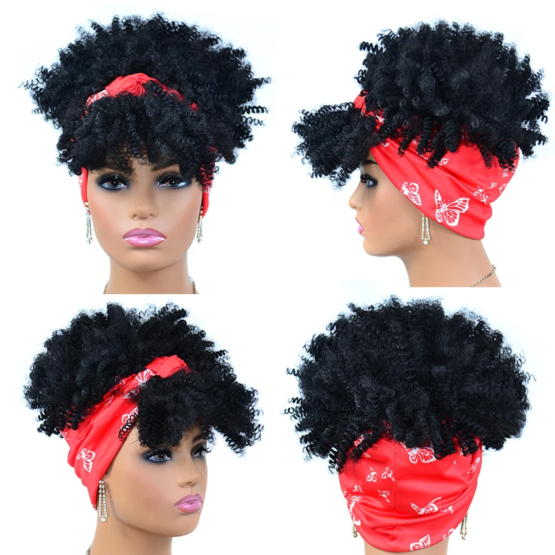 Afro Headband Wig Short Afro Kinky Curly Wigs for Black Women Afro Wigs with Headbands Attached Curly Wigs Synthetic Scarf Wigs