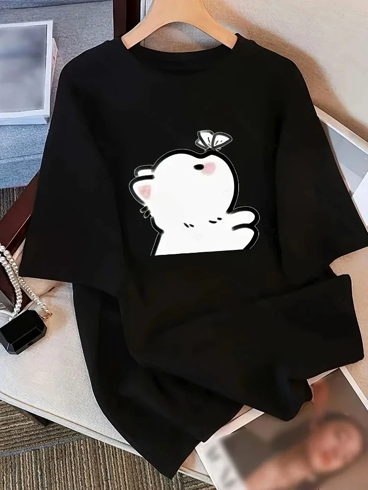 Women's Cute Kitten Butterfly Print T-Shirt Harajuku Short-Sleeve Stylish Fashionable Versatile Round Neck Top Casual Simple Top
