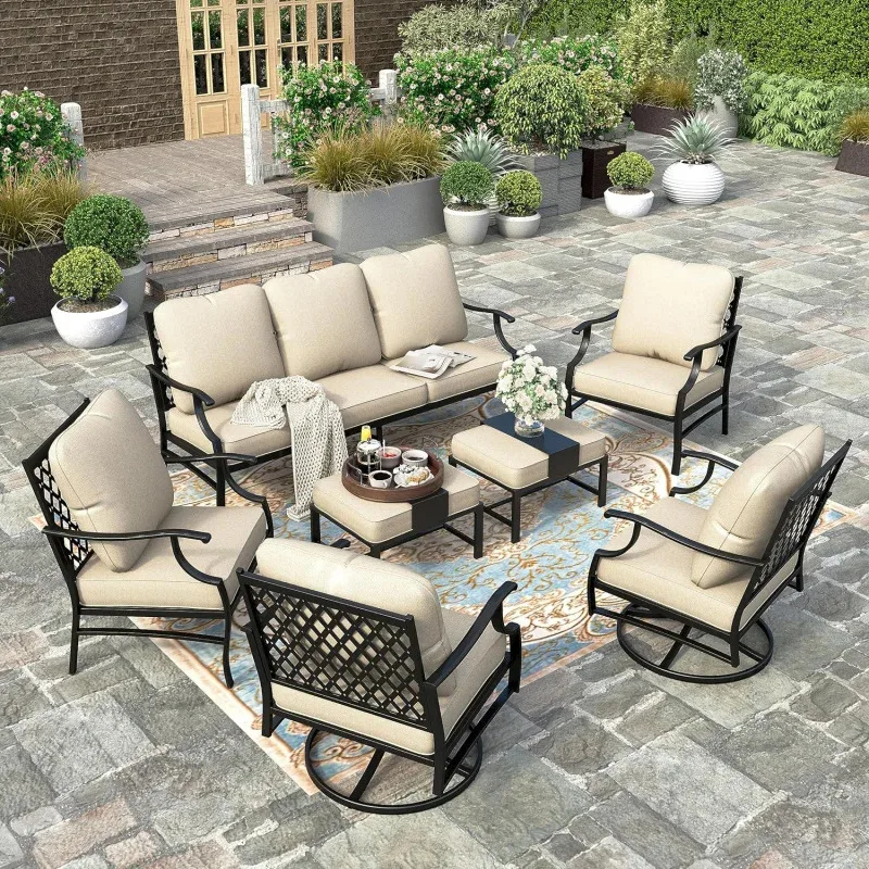 

QWQHERA'S HOUSE 7 Piece Patio Furniture Set, 2 x Swivel , 2 x Fixed Chair, 2 x Ottoman, 1x3-Seat Sofa, All Cushioned Outdoo