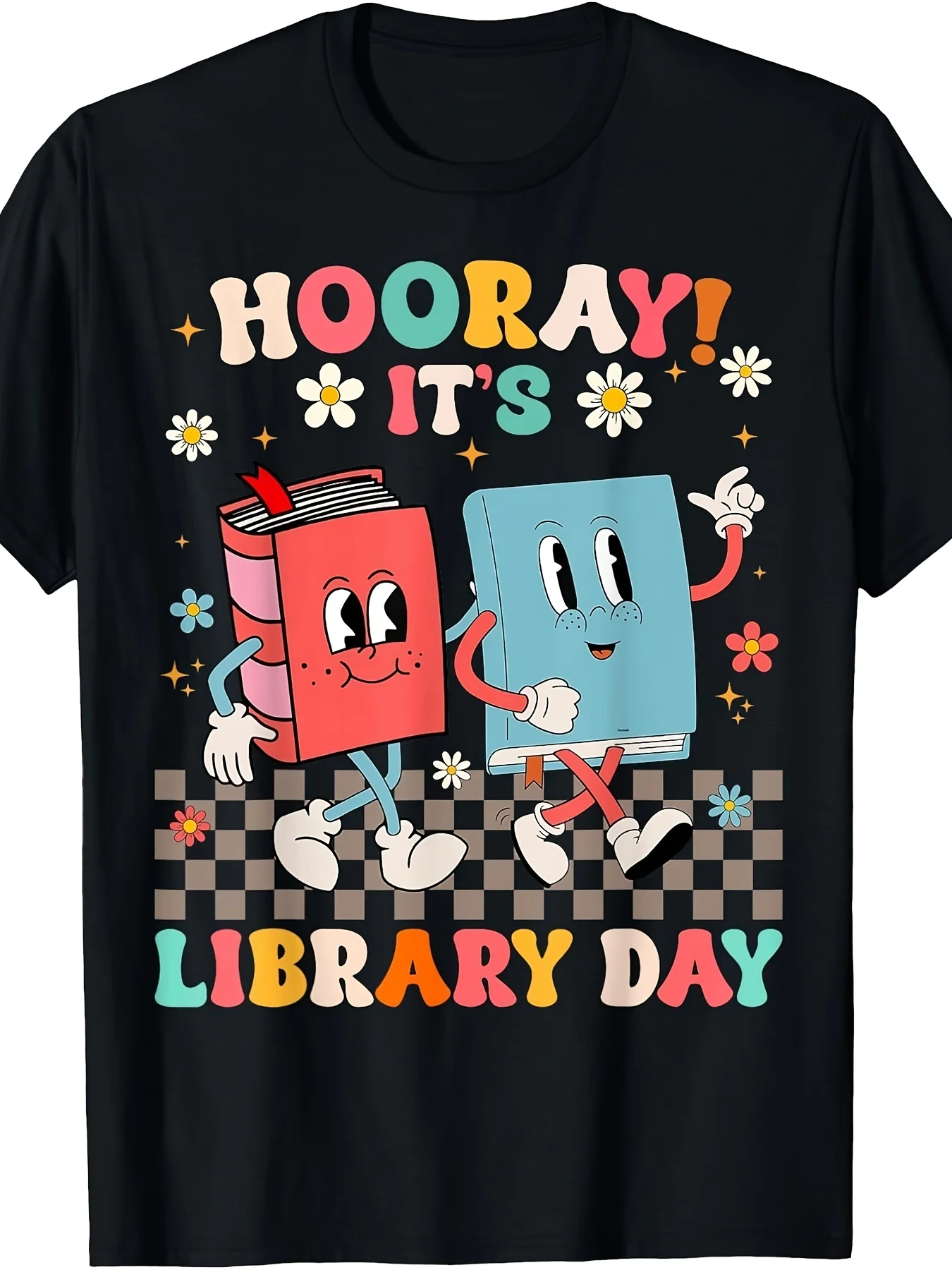 Reading Book Lover School Librarian Hooray It's Library Day T ShirtParties Beach Sports Outdoor Clothing All Season Casual WearRetro Casual Short-sleeved T-shirt with a Round Neck and Printed Pattern Suitable for Daily Commuting and Outdoor