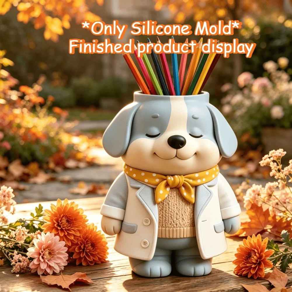 3D Cute Puppy with Scarf Pen Holder Silicone Mold, DIY Epoxy Resin Gypsum Succulent Pot Makeup Brush Storage Desktop Decor Mould