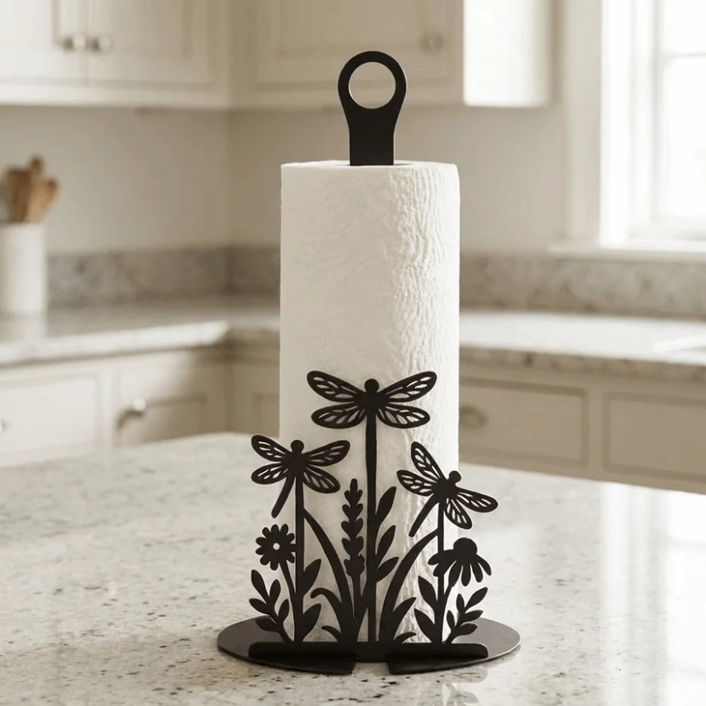 2D Flat Floral Tissue Holder Wooden Base Yellow Rose Vertical Napkins Rack Freestanding Decorative Paper Towel Rack Dining Table