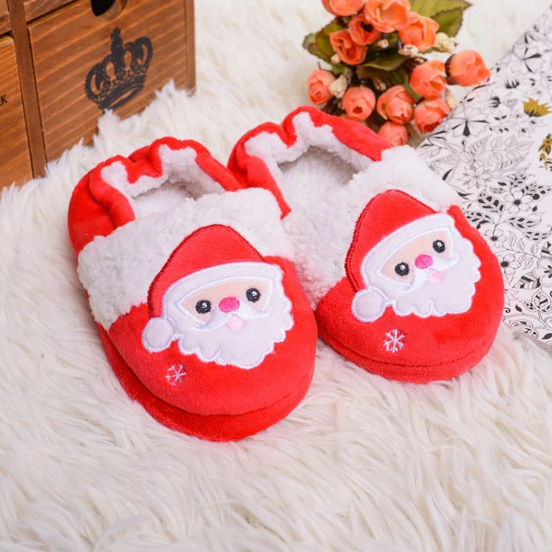 เด็กคริสต์มาส Fuzzy รองเท้าแตะน่ารัก Santa Claus/Reindeer WARM Non-SLIP Soft Sole รองเท้าในร่มสําหรับ Boy Girl