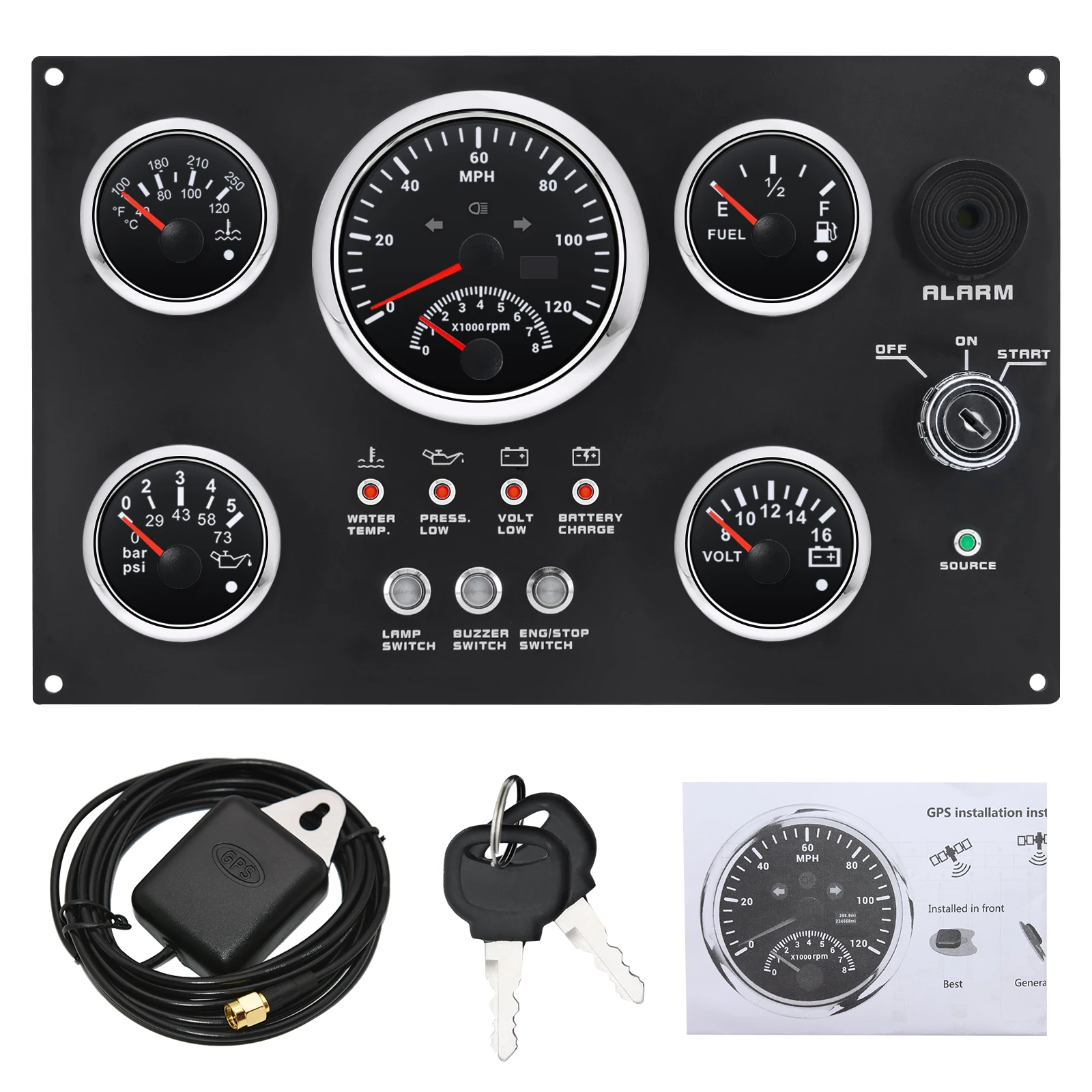 Marine Boat 5 Gauge Set with Red Light 85MM GPS Speedometer+Fuel Level Gauge+Water Temp Meter+Oil Pressure Gauge+Voltmeter 52MM