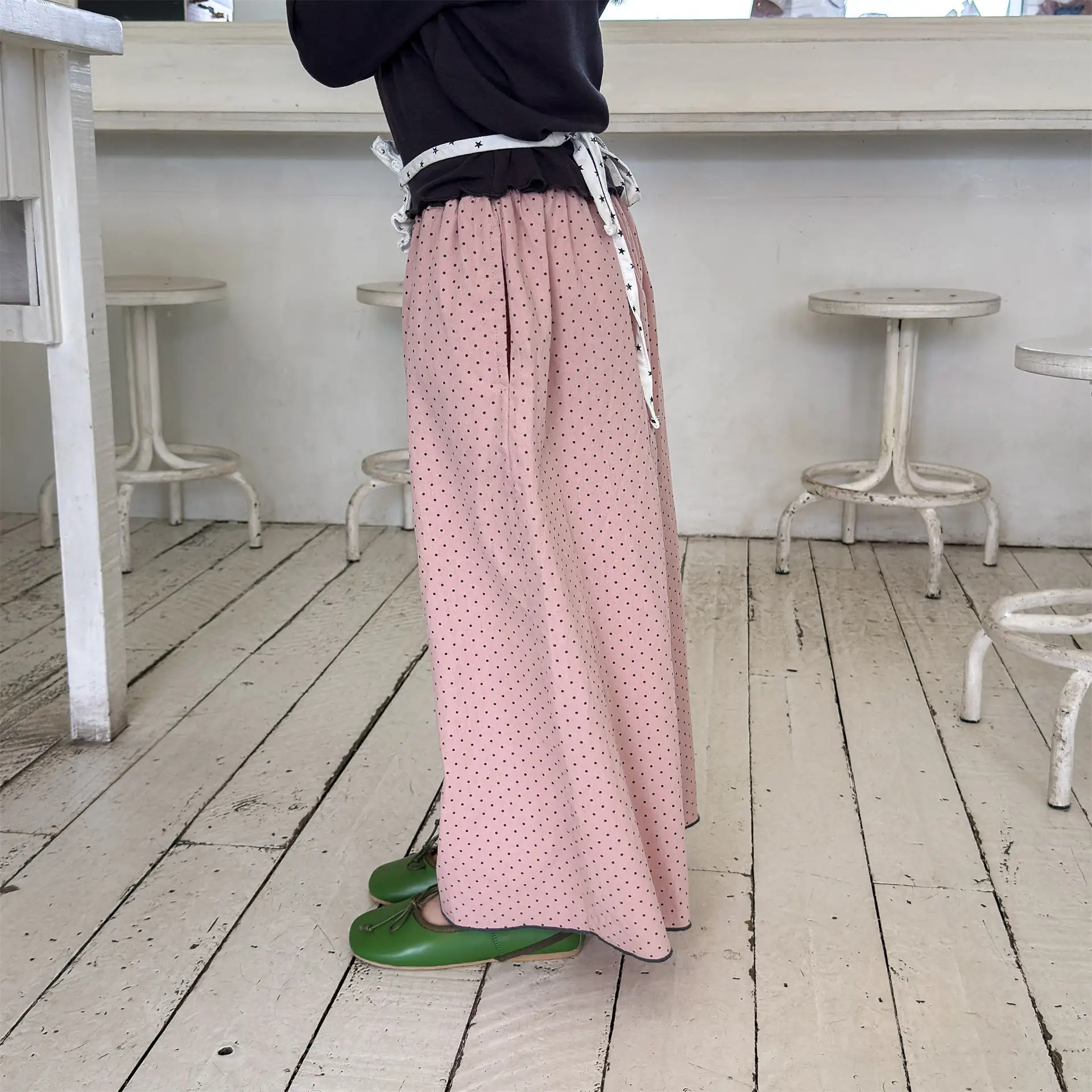 Girls Pants 2026 Spring Summer New Korean Version Pink Polka Dot Wide Leg Pants Casual Fashionable Daily Stylish Wear