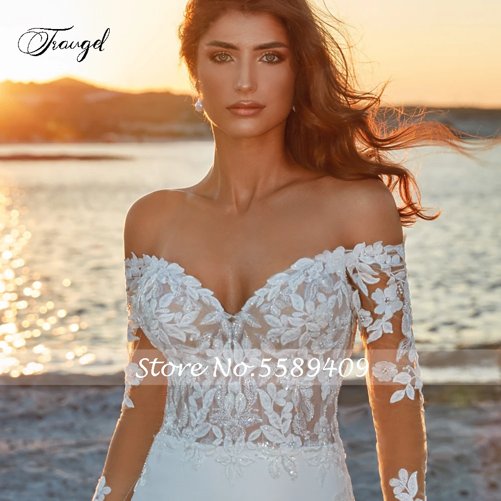 Traugel sexy barco pescoço manga longa sereia vestidos de casamento requintado ilusão applique frisado tribunal trem trompete vestido de noiva