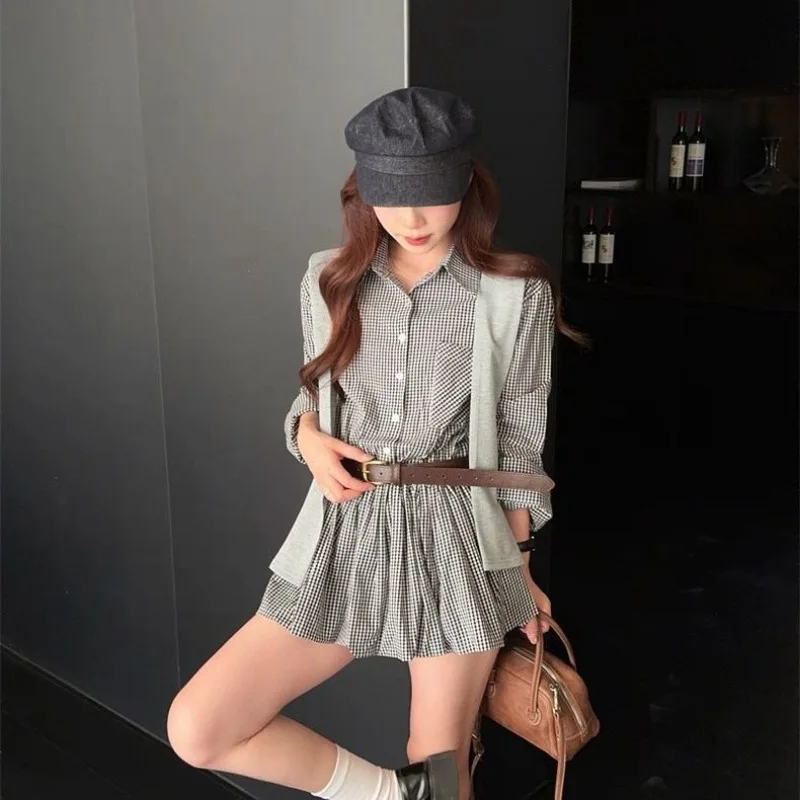 الكورية نمط شال منقوشة قميص اللباس المرأة أوائل الخريف تصميم جديد سليم مطوي تنورة #6