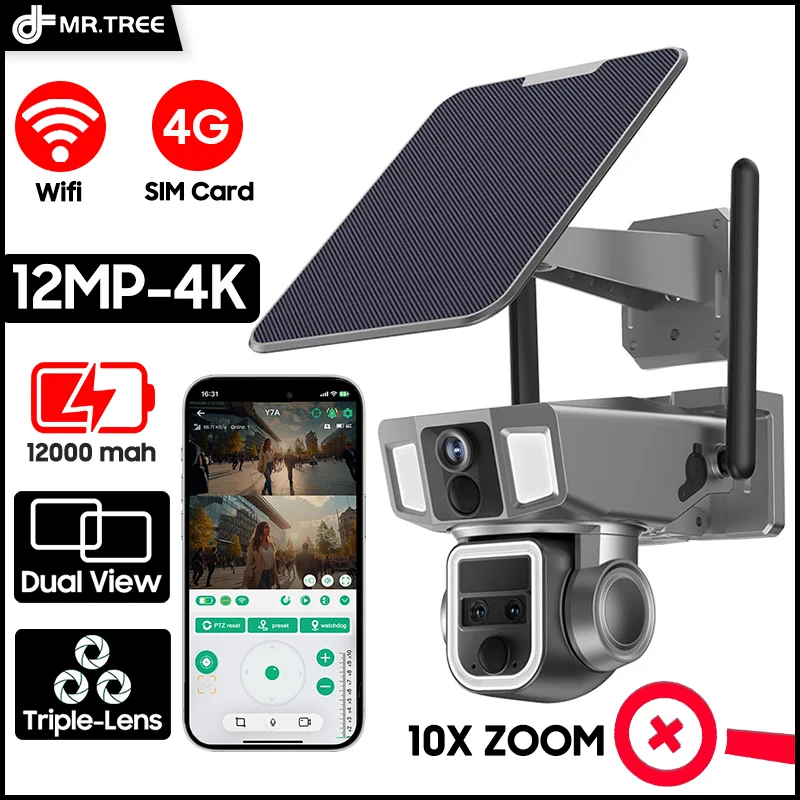 MR Brand Solar Camera Wireless Outdoor Dual Screen 4G SIM & WIFI 2 in 1 Multi-lens 10x Zoom PIR Auto Tracking CCTV security Cam