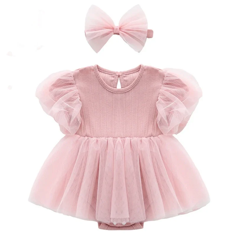 2025 Summer Baby Girls Clothes Cute Princess Bodysuit Korean Fashion Mesh Sleeveless Jumpsuits+Hair Band Newborn Clothing BC1498