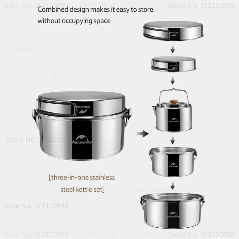 Naturehike 3-in-1 Stainless Steel Cookware Set Camping Nesting Storage Tableware Pots & Cooking Sets Outdoor Picnic Cookware