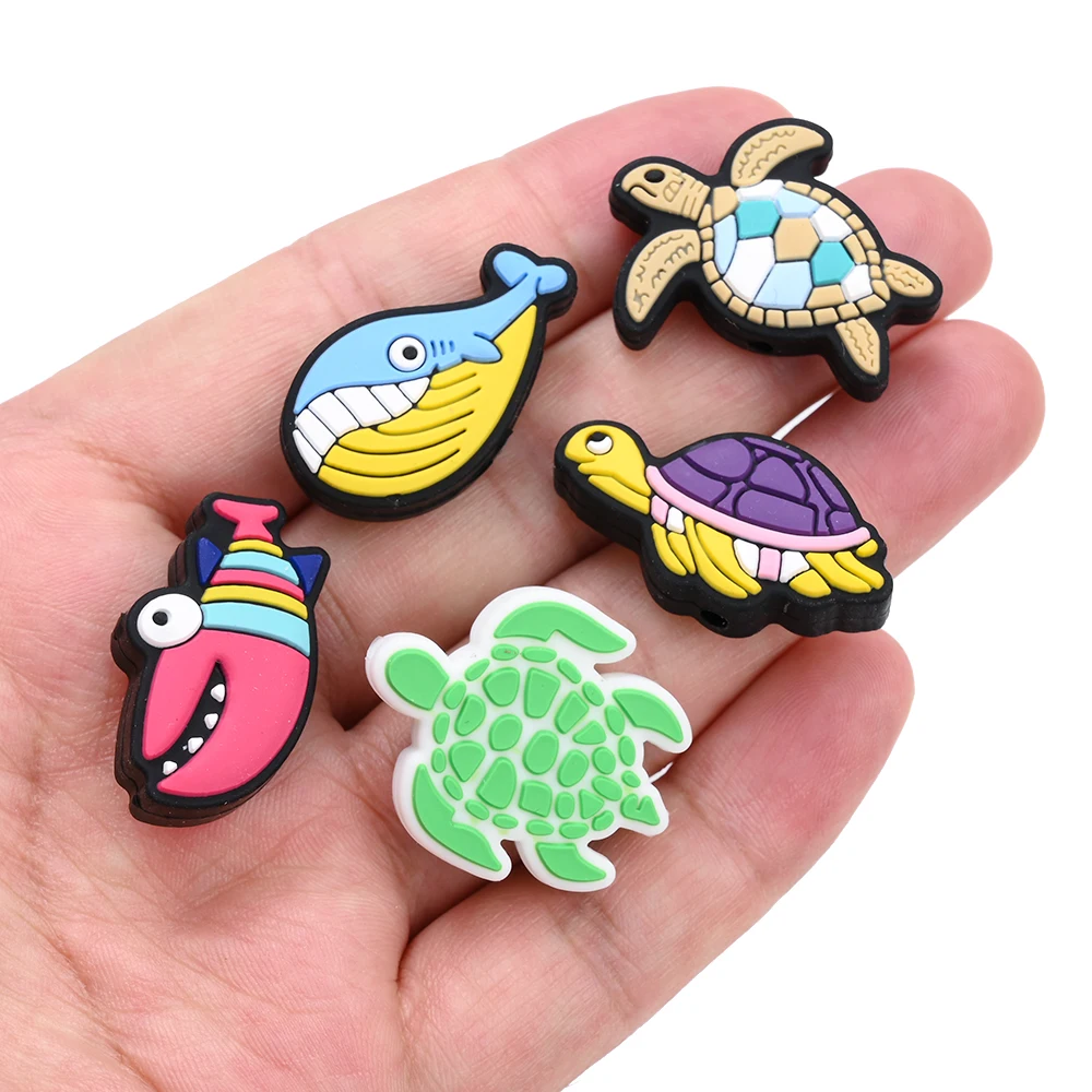 7Pcs Cartoon Sea Animals Silicone Beads Turtle Shark Cute Turtle Shark Fish Lobster Octopus Focal Beads for Diy Pens Keychain