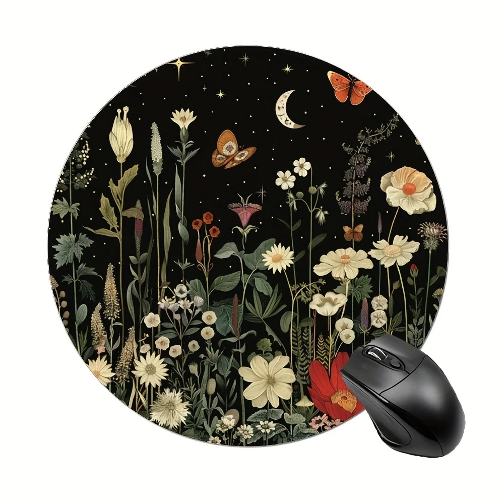Round Mouse Pad Nocturnal Meadow Floral and Celestial Decorative Small Desk Accessory with Starry Night and Botanical Print