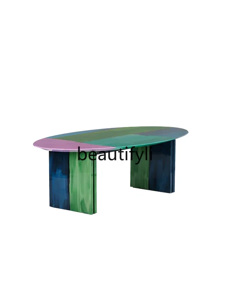 

LJYDesigner creative FRP painted dining table light luxury color hand-painted personalized graffiti oval coffee table