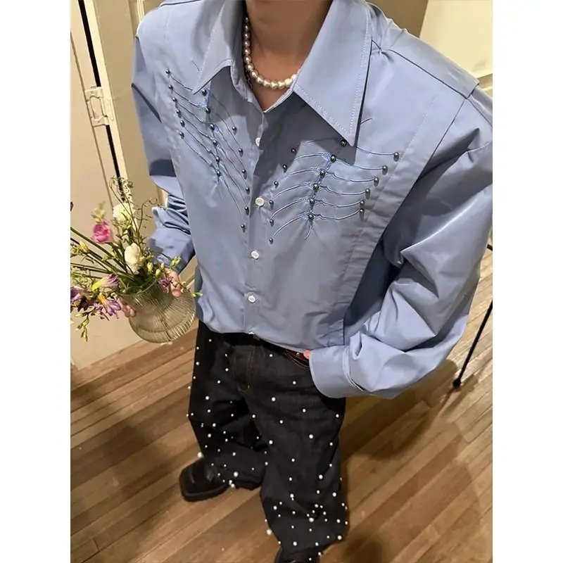 Mens Shirt Harajuku Streetwear Snake Eye Spine Embroidered Blue Long Sleeve Shirt Rivet Detail Loose Fit Retro Casual Trend New