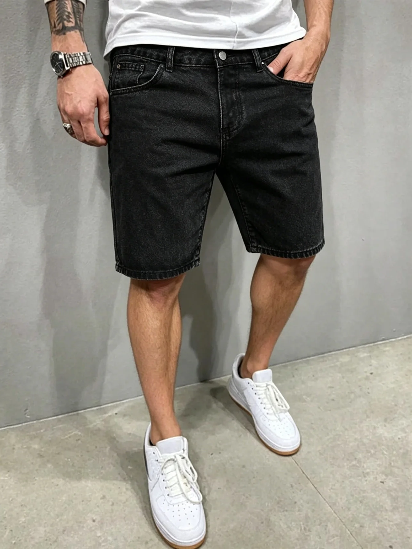 

All match black non stretch denim jorts men loose casual solid color comfortable daily short pants